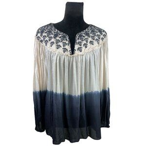 Anthropologie Floreat Gauzy Embroidered Boho Blouse Size M Relaxed Ivory/Blue